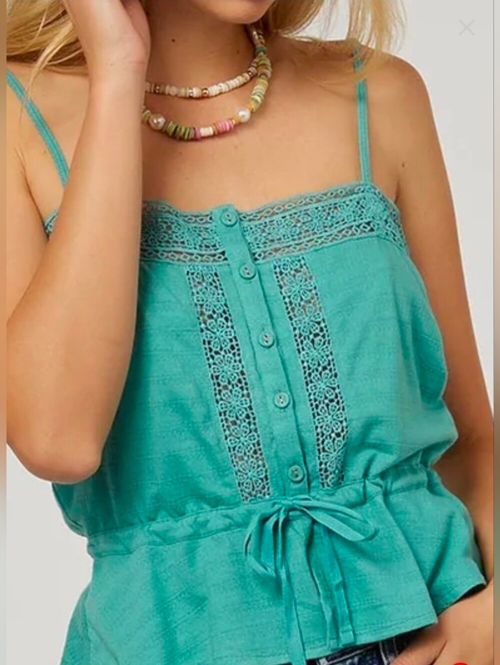 O'Neill Sunbeam Blue/green Crochet-Trim Tie-Waist Cami Top NWT Size Large